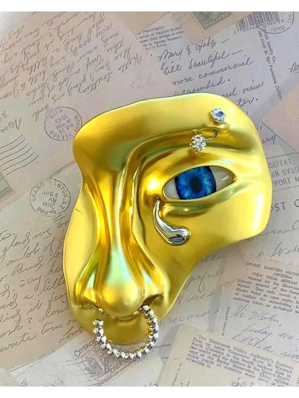 Avant Garde Surrealist Half Face Blue Eye Tear Drop Vintage Brooch Statement Pin